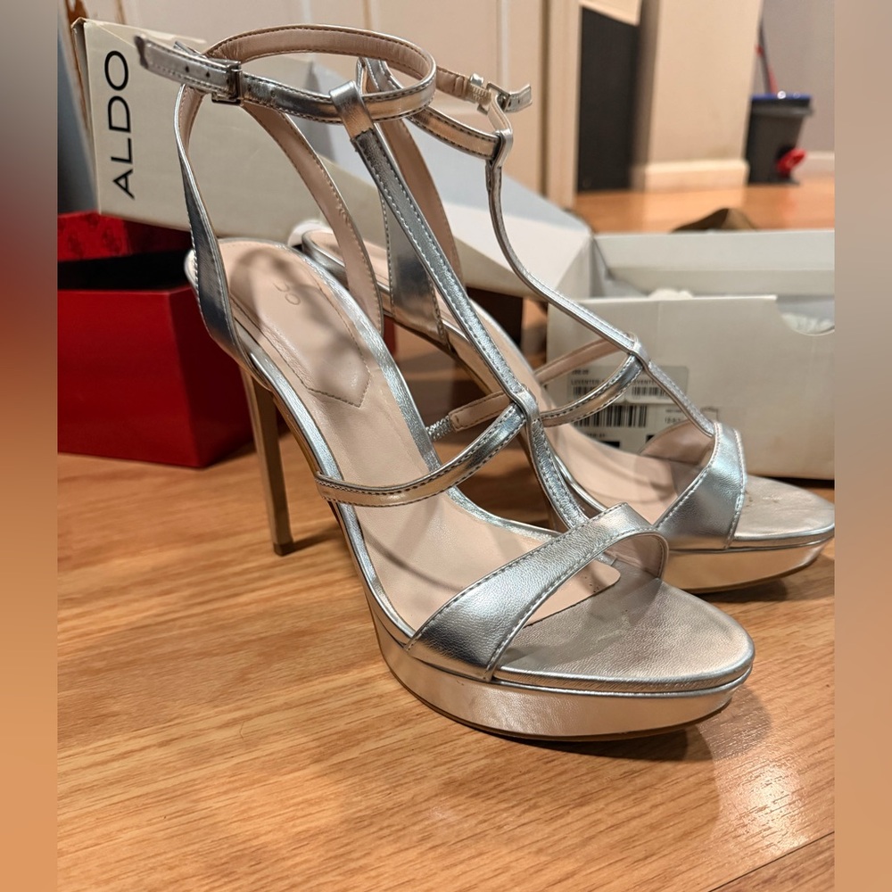 Aldo Metallic Silver Strappy Heels